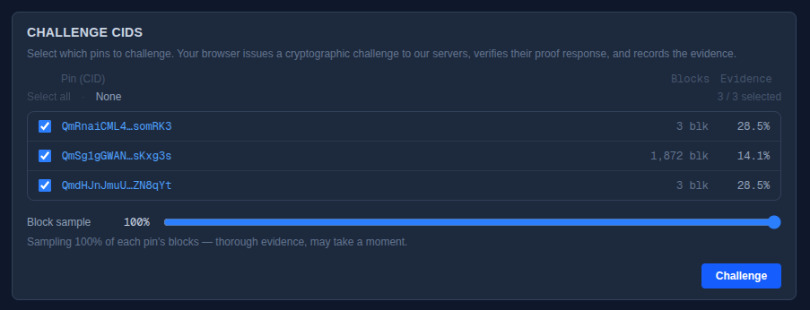 The Challenge CIDs panel: CID list with checkboxes, Evidence column, Block sample slider, and Challenge button