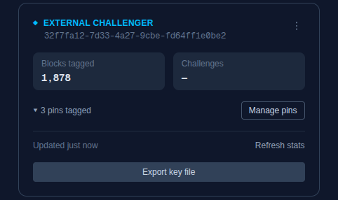 An External Challenger card: showing blocks tagged, last polled time, Manage pins and Export key file buttons