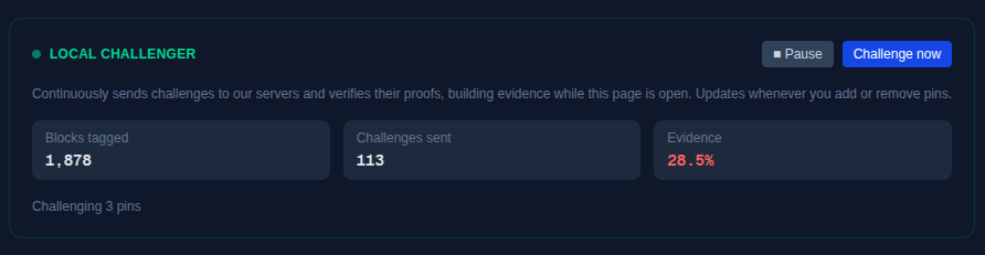 The Local Challenger card: showing blocks tagged, challenges sent, evidence percentage, and Pause / Challenge now buttons