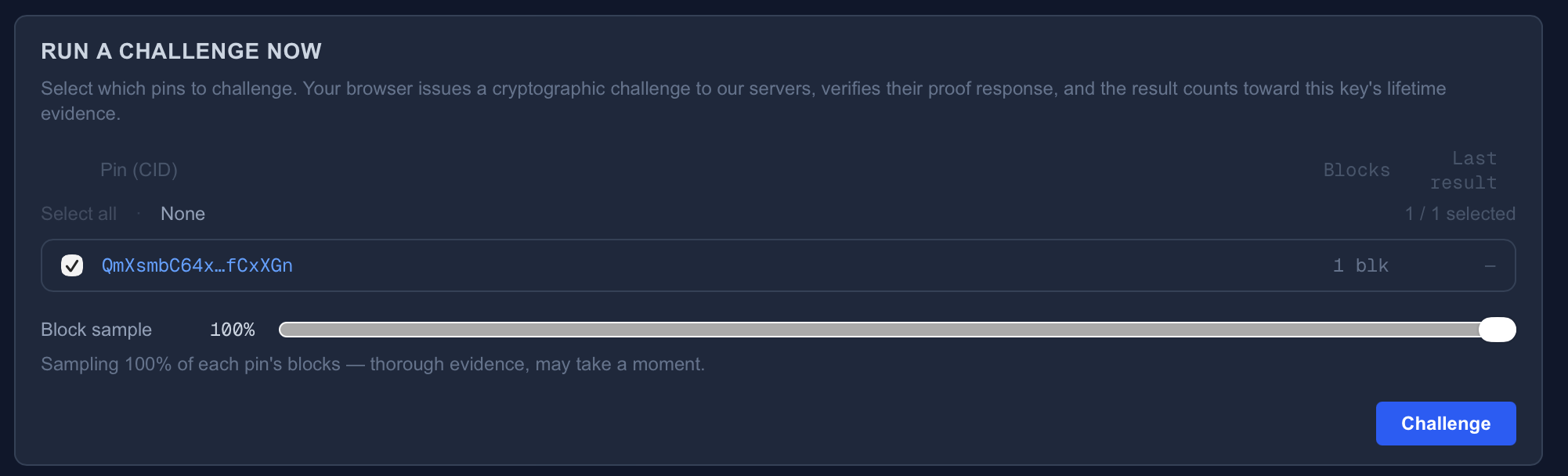 The Run a challenge now panel: a pin checklist with a Blocks column, a Block sample slider at 100%, and a Challenge button